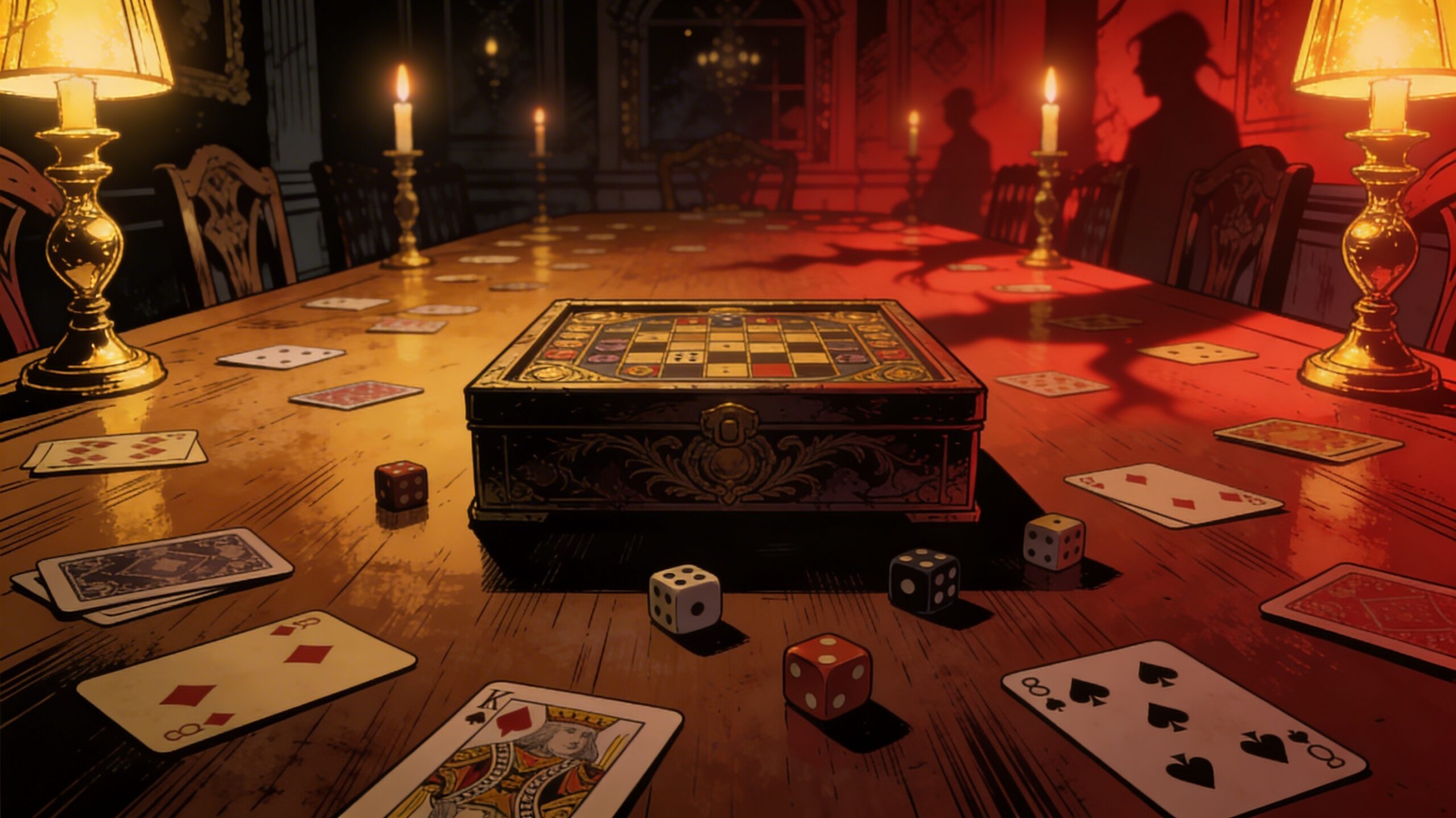 Sinister board game box on a long wooden table in a dark mansion dining room, hinting at a deadly horror ritual