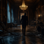Shadowy figure in a dark mansion hallway after chaos in a tense thriller scene