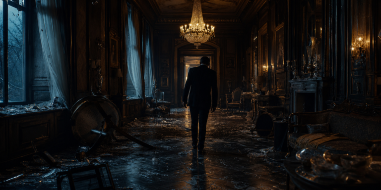 Shadowy figure in a dark mansion hallway after chaos in a tense thriller scene