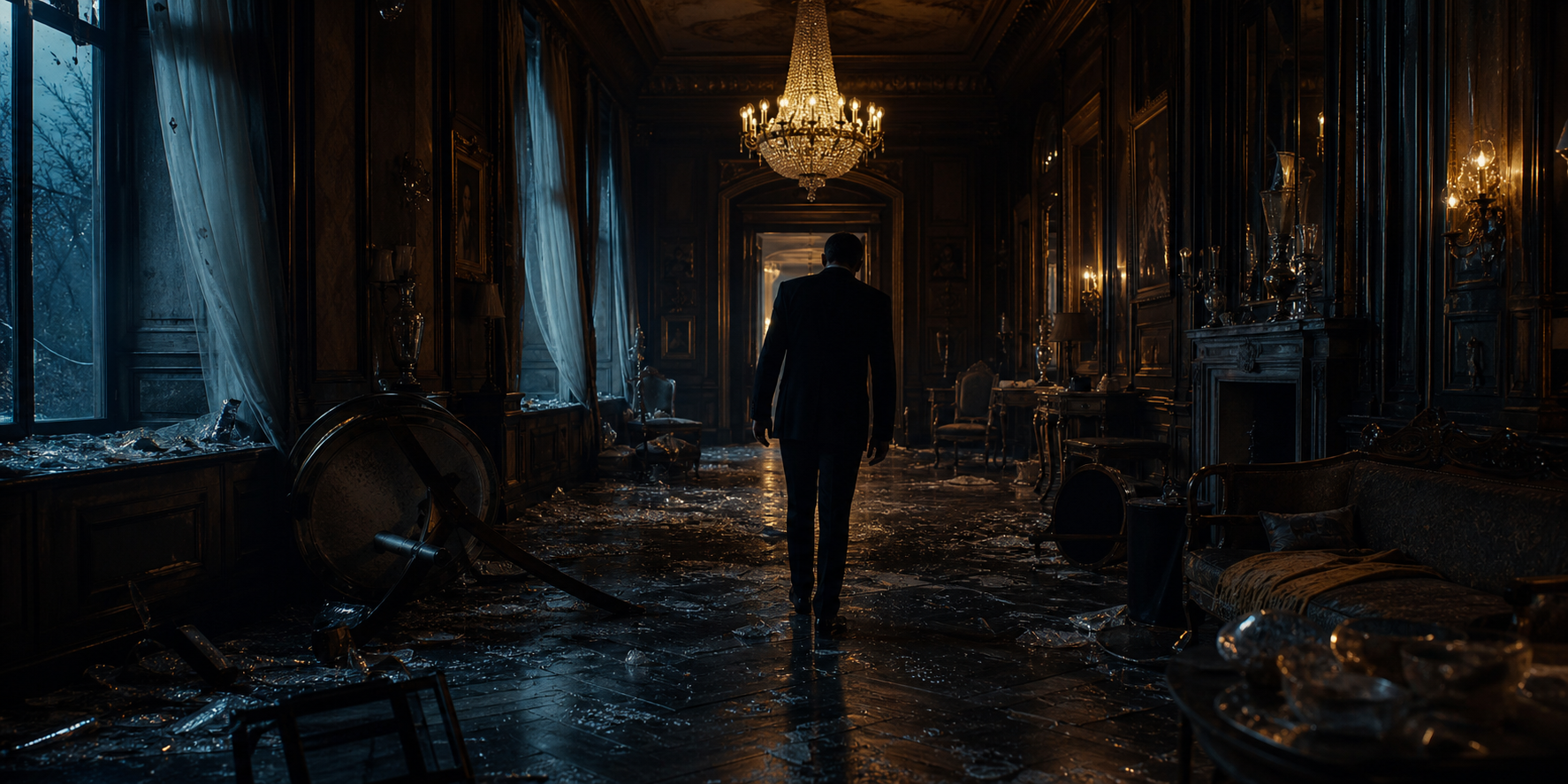 Shadowy figure in a dark mansion hallway after chaos in a tense thriller scene
